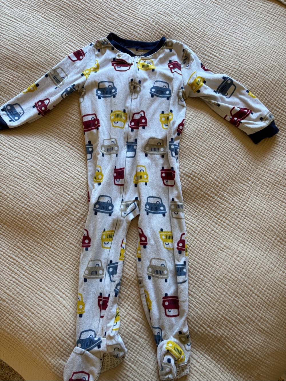 Carter's White Footed Pajamas with Red, Yellow and Blue Car Motif